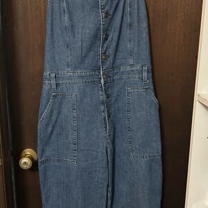 aerie Denim Wide Leg Jumpsuit in Medium Blue